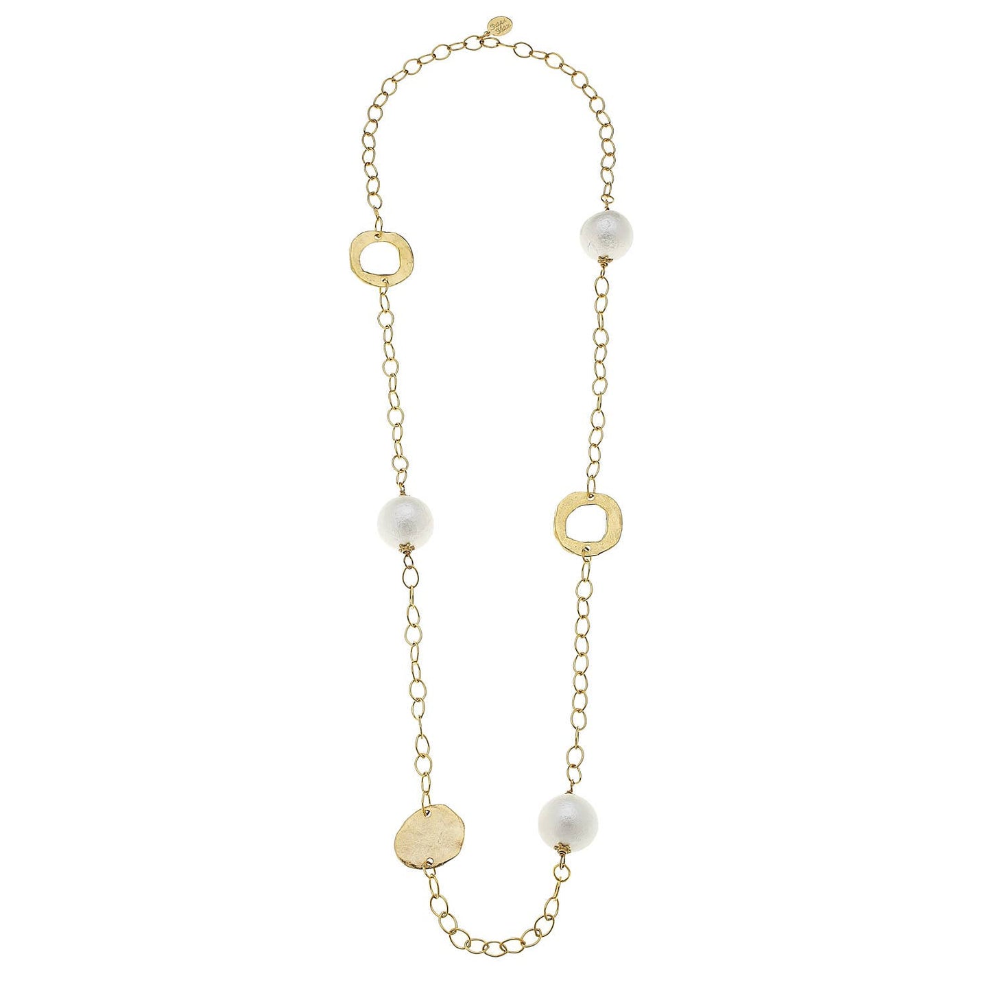 Gold Circle + Cotton Pearl Chain Necklace: long gold-plated chain with 3 white cotton pearls, 3 gold discs. Sizes available.
