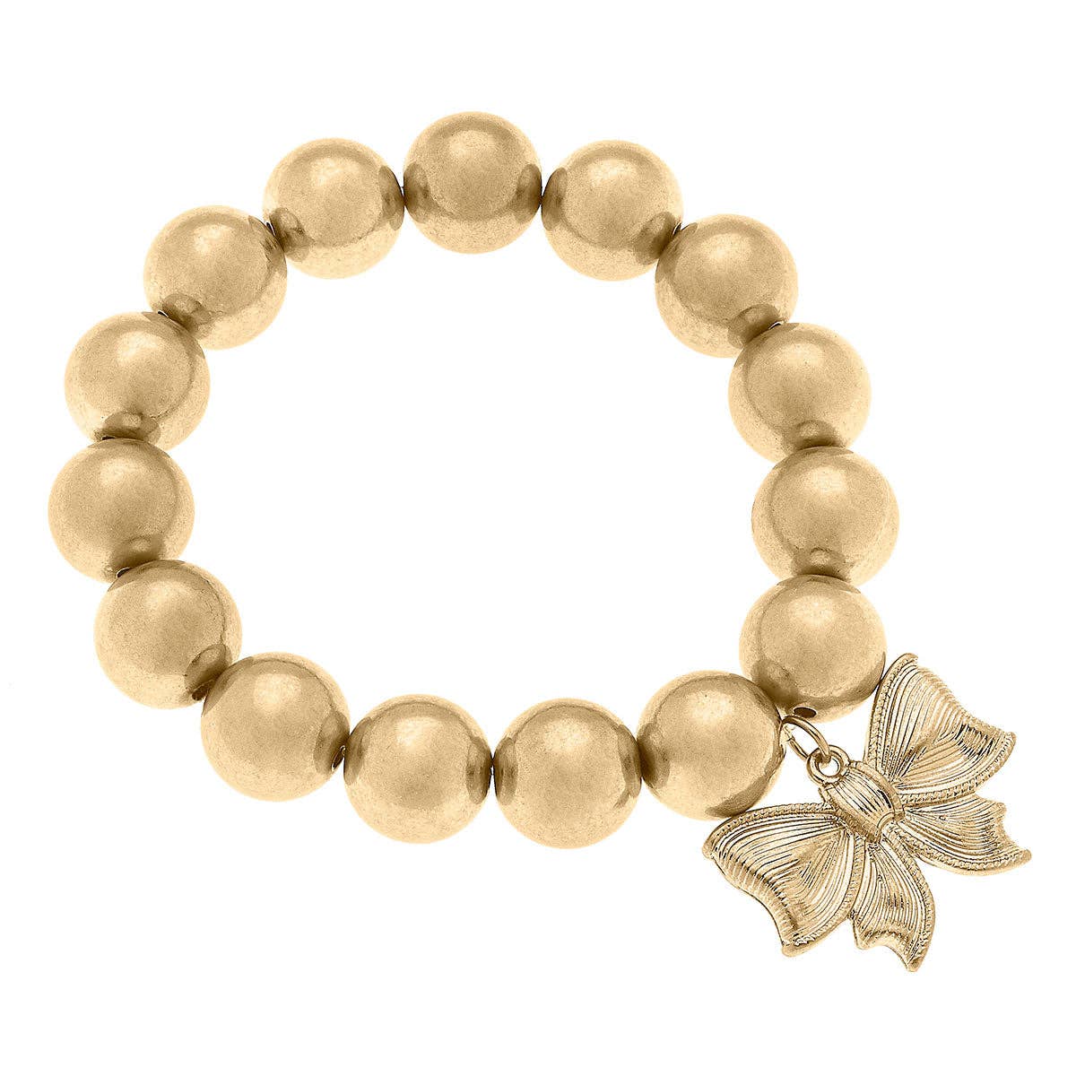 Gold-plated stretch bracelet with round beads and a butterfly charm, 2.64" diameter. Size: 2.64".