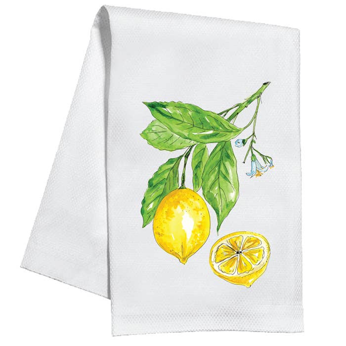 Watercolor lemon branch with green leaves, whole lemon, and lemon half on kitchen towel. Sizes available: 18"x28".