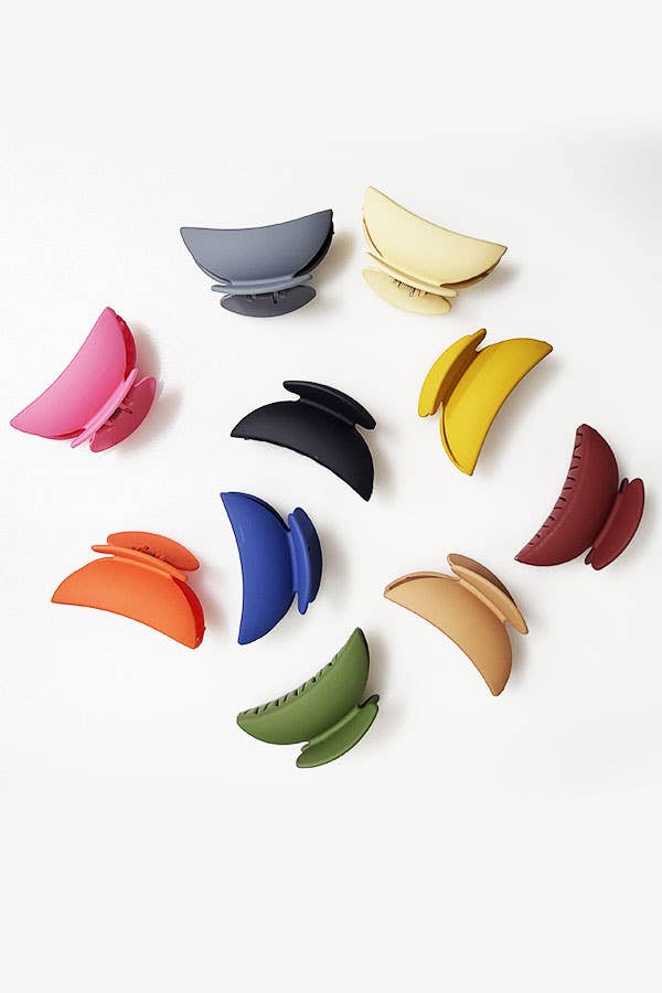 Nine matte 3.5-inch hair claw clips in gray, yellow, pink, black, red, blue, green, tan, and burgundy.