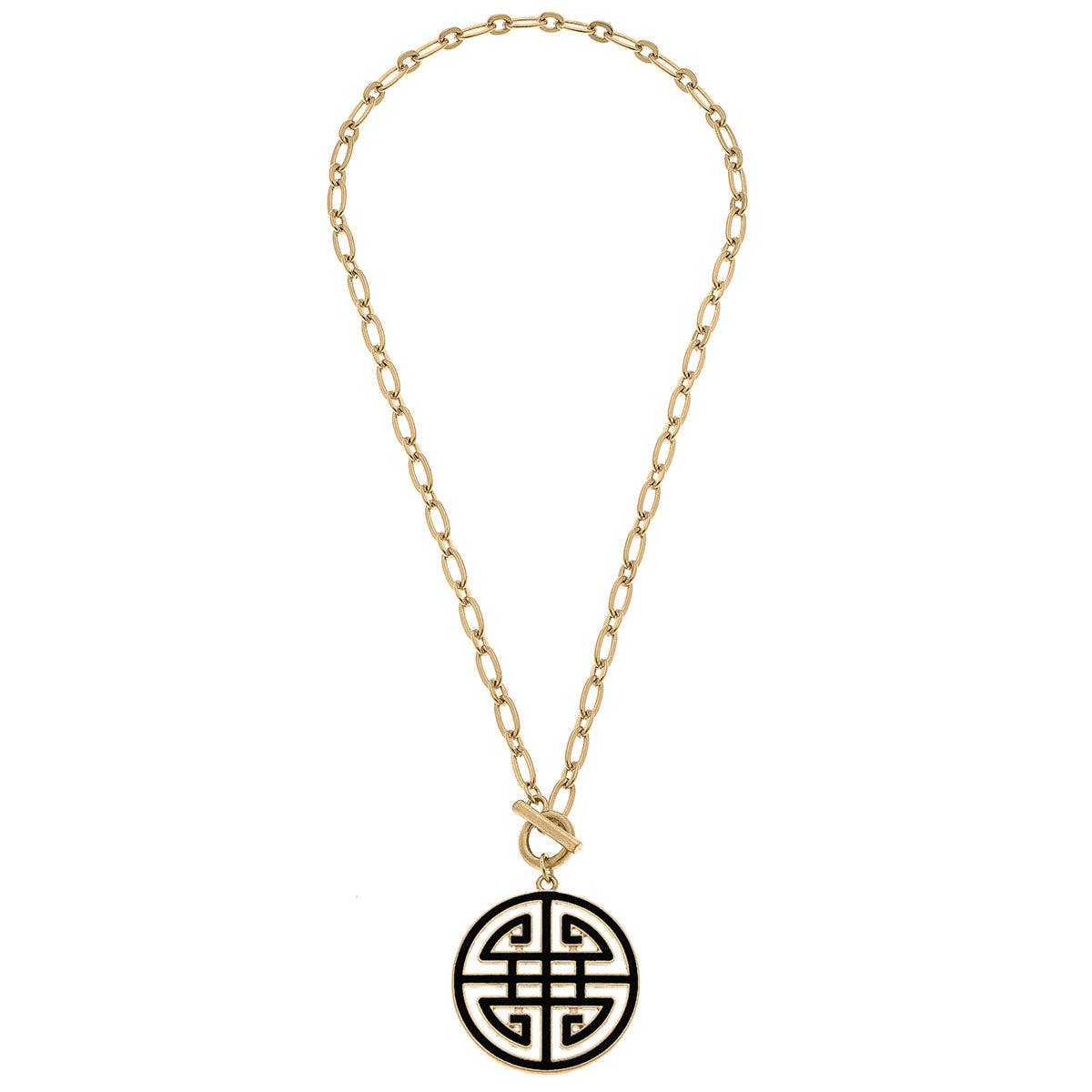 Gold chain necklace, 18.5", with large links and a round black enamel pendant featuring a geometric Asian-inspired pattern.