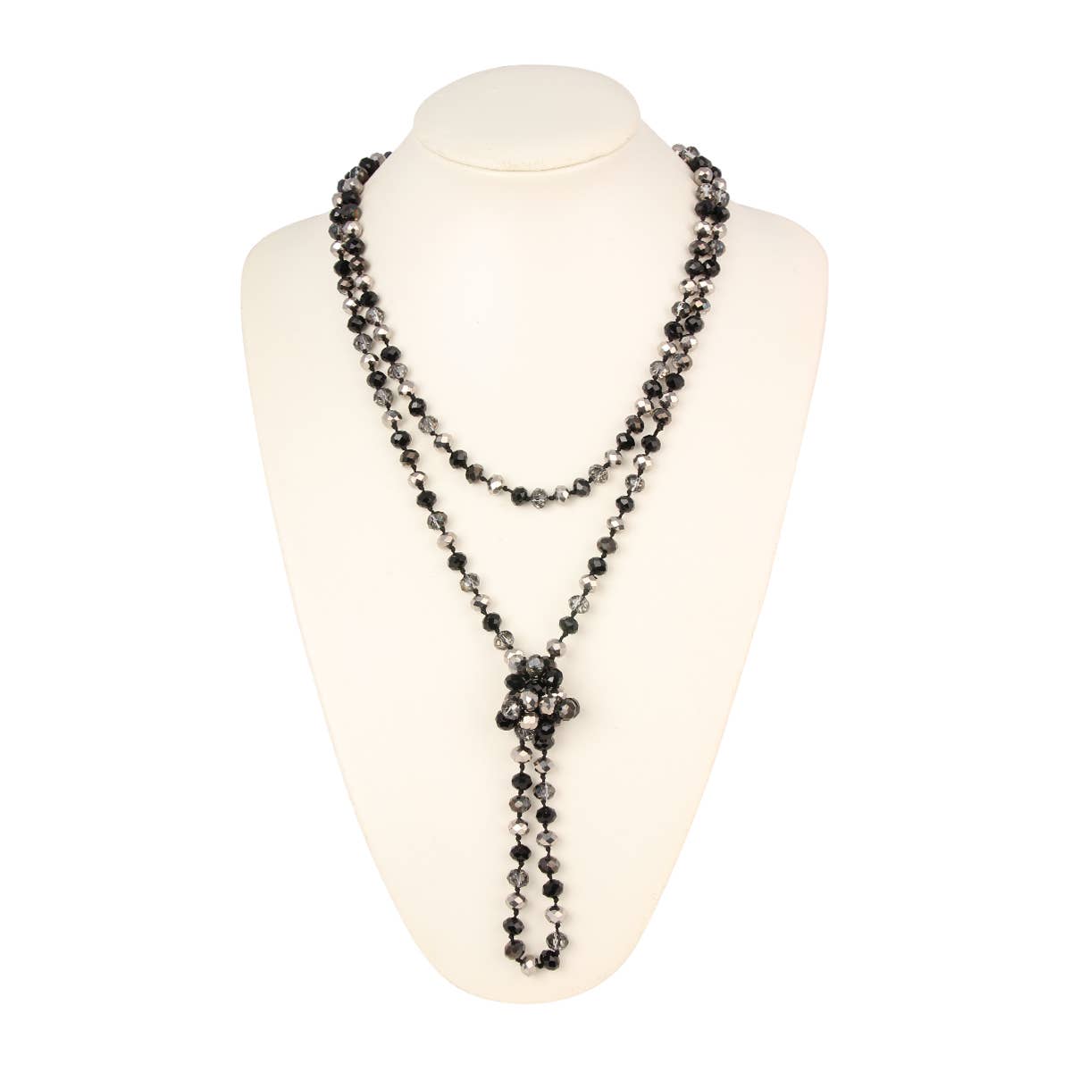 HDN2209 - 8mm Longline Hand Knotted Necklace with two black glass bead strands, one longer, and a cluster bead pendant.