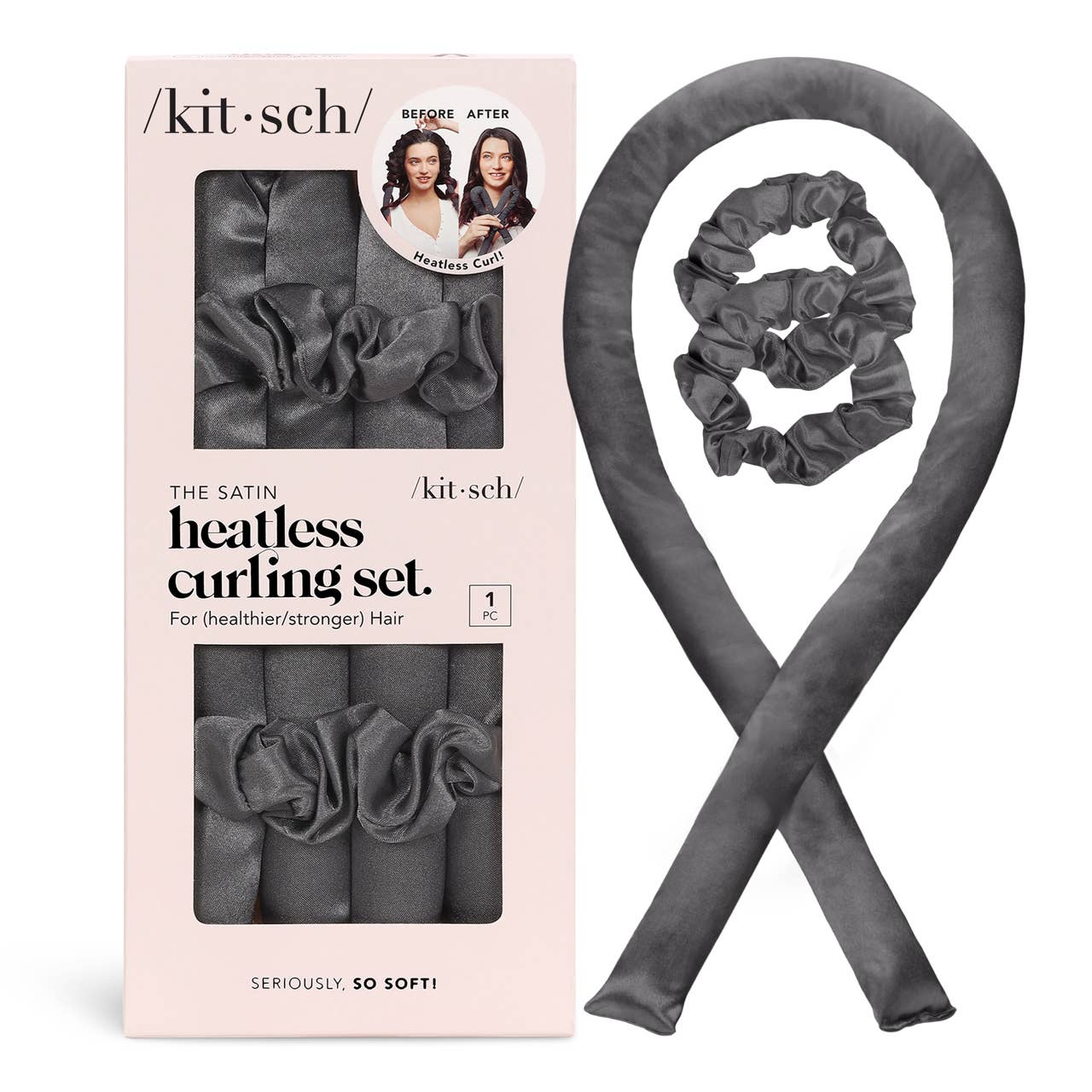 The Satin Heatless Curling Set - Charcoal: gray rod, scrunchies, pink/white box. Available in standard and large sizes.