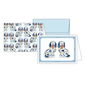 Blue Porcelain Dogs Stationery Notes set: 3 note cards with dog designs, blue interior, matching envelopes. Sizes: standard card.