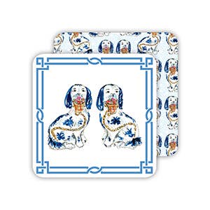 Set of two Blue Porcelain Dogs Coasters, each 4" diameter; spaniel and pattern designs on white felt-style paper.