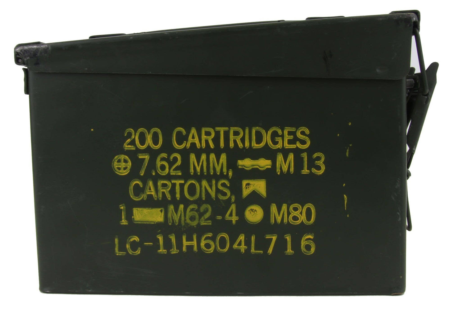 Product: Green Military Ammo Can
This product is a sturdy green Ammo Can with military-style design. The exterior features bold white labeling which reads, "200 cartridges, 7.62 mm, m13". Additional coding and symbols are imprinted on the surface for a more authentic look. Please note that size and weight may vary by product due to its rugged style and design. This can proves handy for storing ammunition or various other items safely and securely.