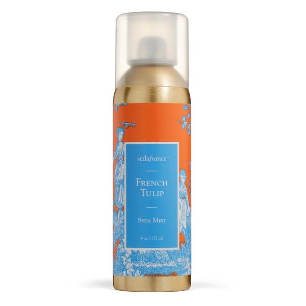 French Tulip Classic Toile Room Mist canister with orange/blue label, gold accents, clear cap. Available in 4 oz.