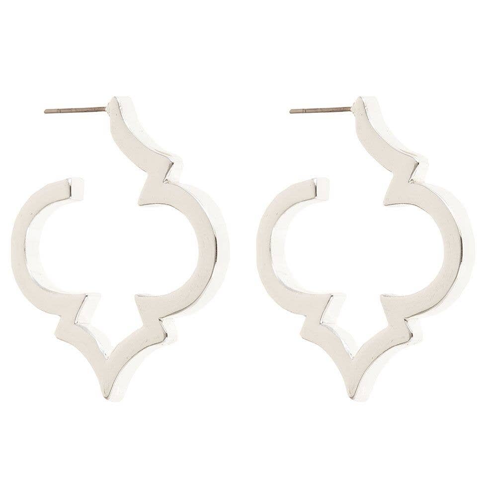 Silver-tone spade hoop earrings with geometric quatrefoil design and surgical steel posts. Available in multiple sizes.
