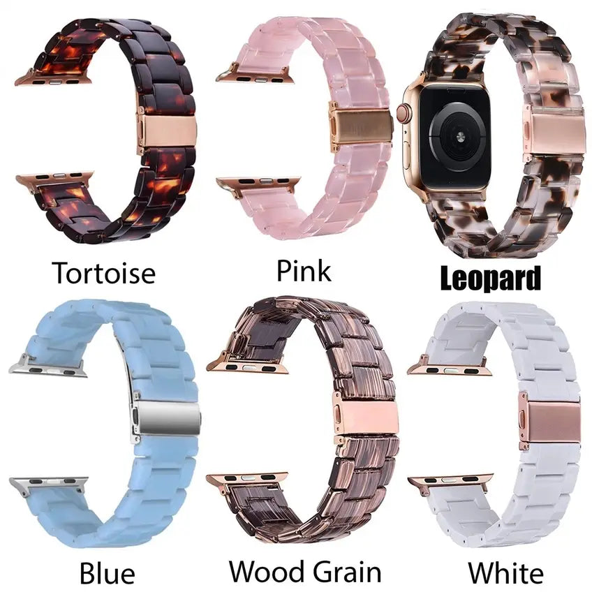 Six lightweight resin Apple Watch bands in 6 colors with secure metal clasps; available in multiple sizes.
