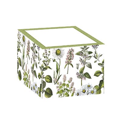 Cube-shaped Botanical Sticky Notepad Block with green plant, daisy designs, decorative edge, green top border. Sizes available.