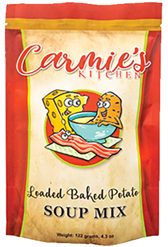 Loaded Baked Potato Soup Mix in red/yellow 4.3 oz (122 g) pack with cartoon cheese, potato, and a steaming soup bowl.