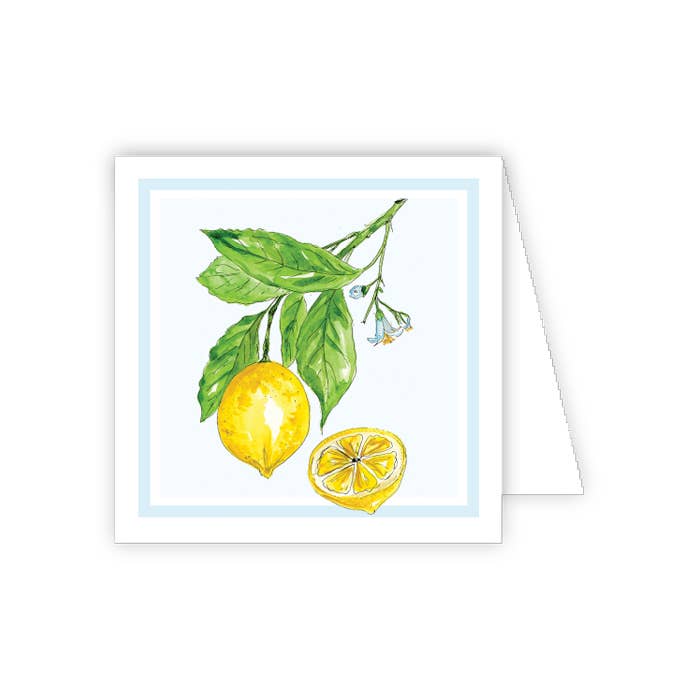 Handpainted Lemon with Blue Border Enclosure Card. Concise design; available in 3"x3" and 4"x4" sizes.