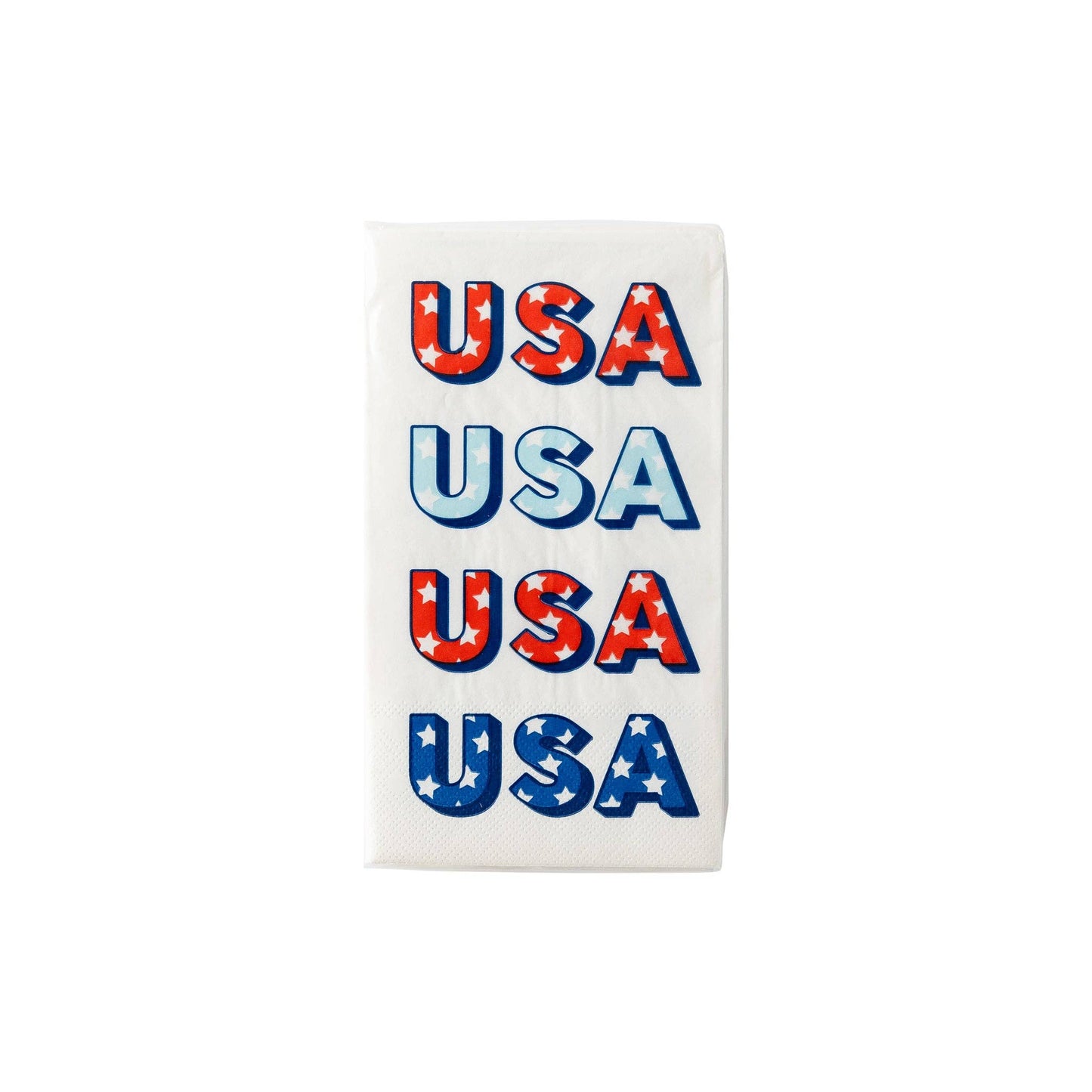 Worn USA Paper Guest Towel Napkin with "USA" in stars and stripes. Available size: 8 x 4.5 inches.