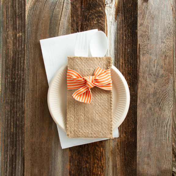 Orange/cream Stripe Hand Tied Ribbon set of 8, available in multiple sizes, accents jute cutlery pouch.