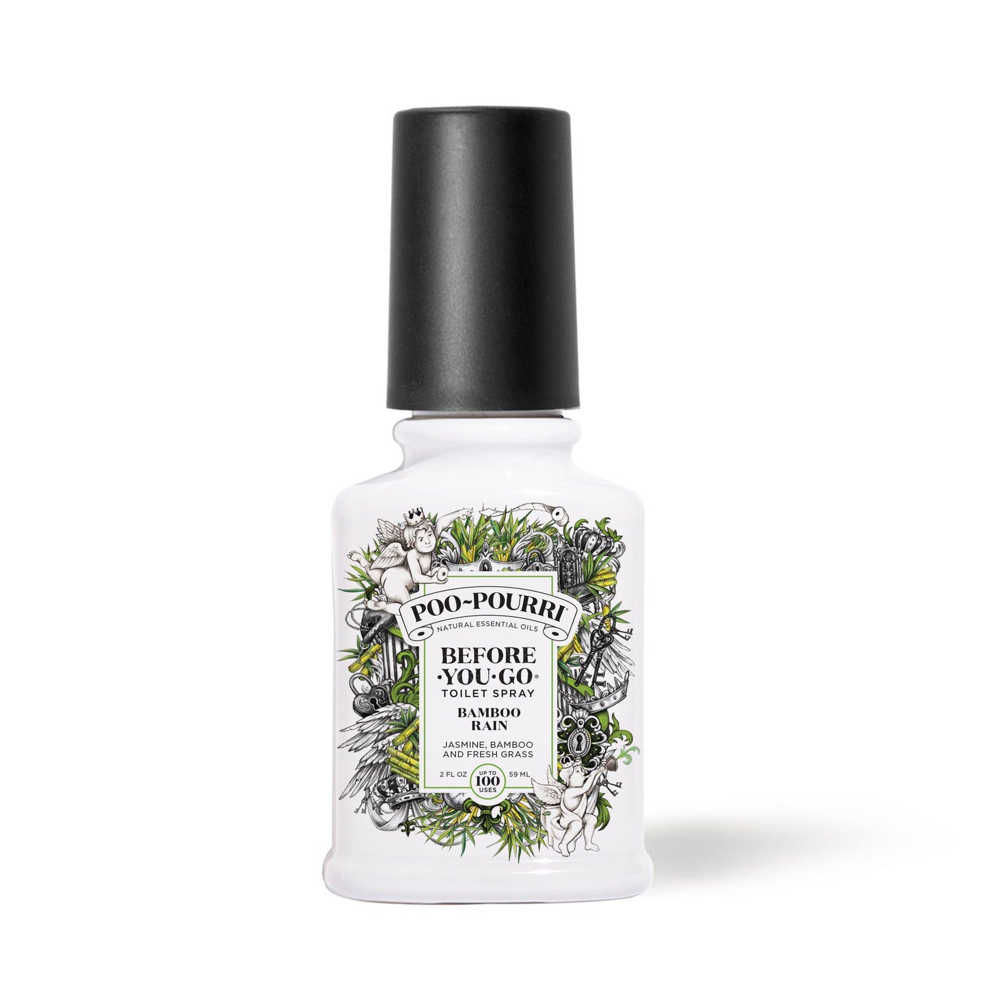 Poo~Pourri Bamboo Rain toilet spray, 2oz bottle, black cap, nature label, made with natural essential oils.