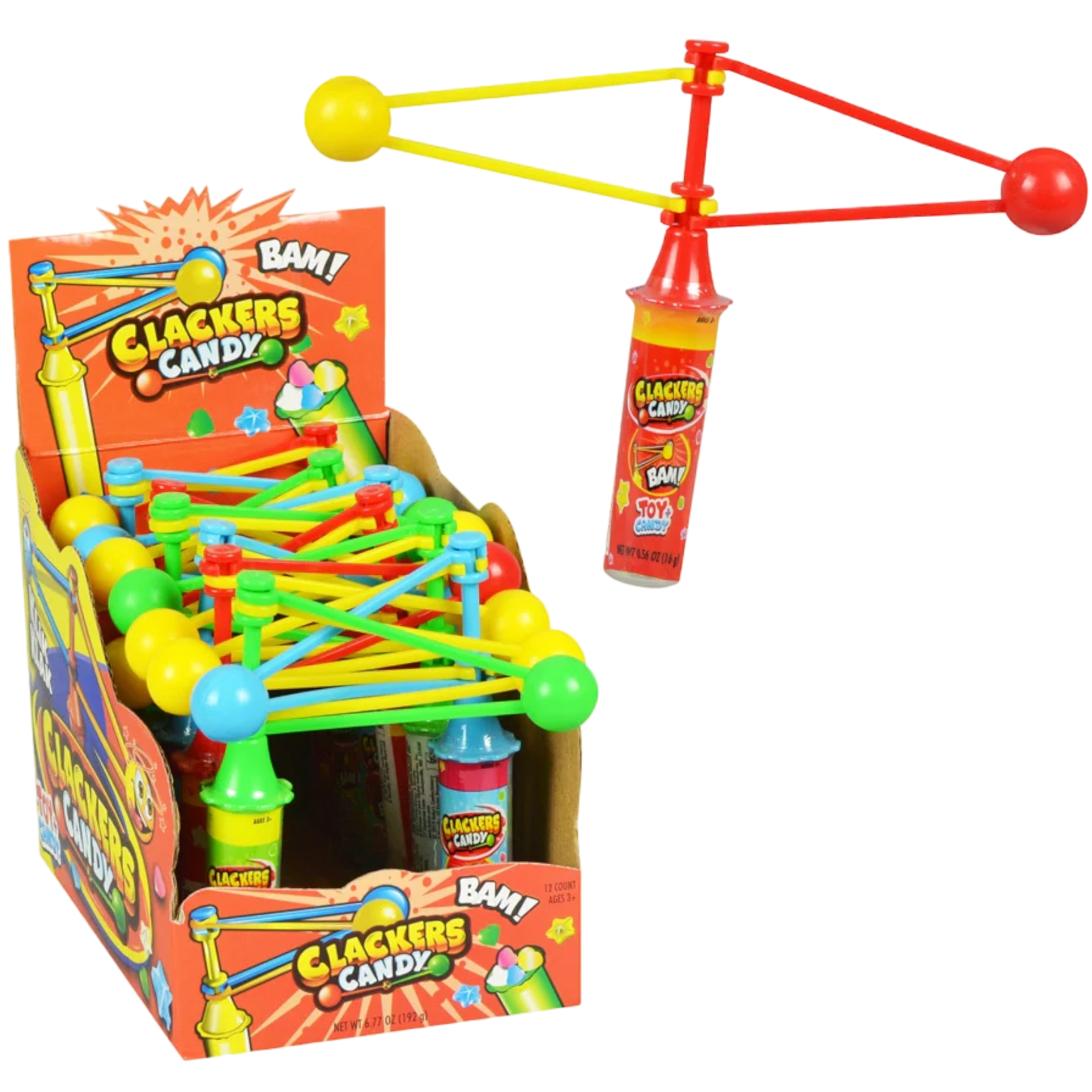 Clackers Candy: toy clacker with red and yellow plastic arms and balls, attached to fruity dextrose candy tube. Size: standard.