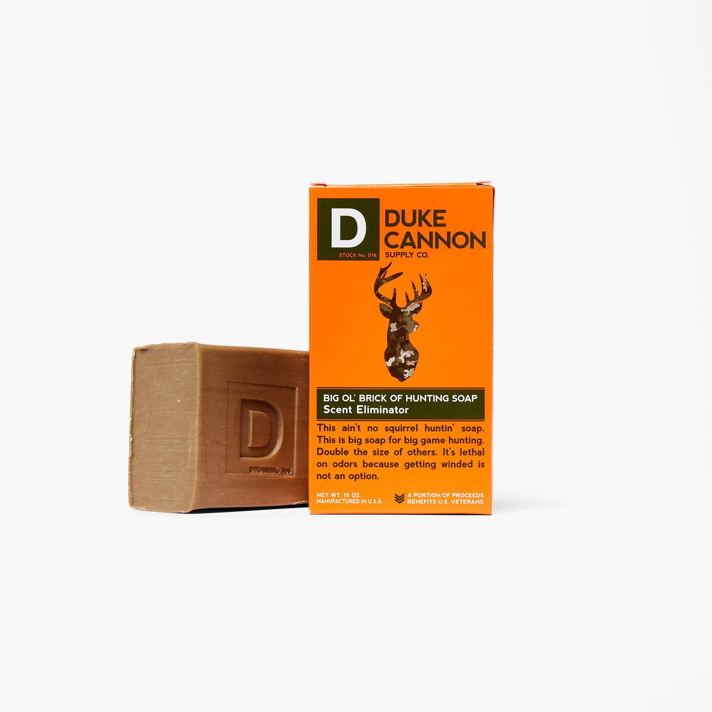 Rectangular brown Big Ol' Brick of Hunting Soap, Duke Cannon Supply Co., deer head logo; available in large 10 oz size.