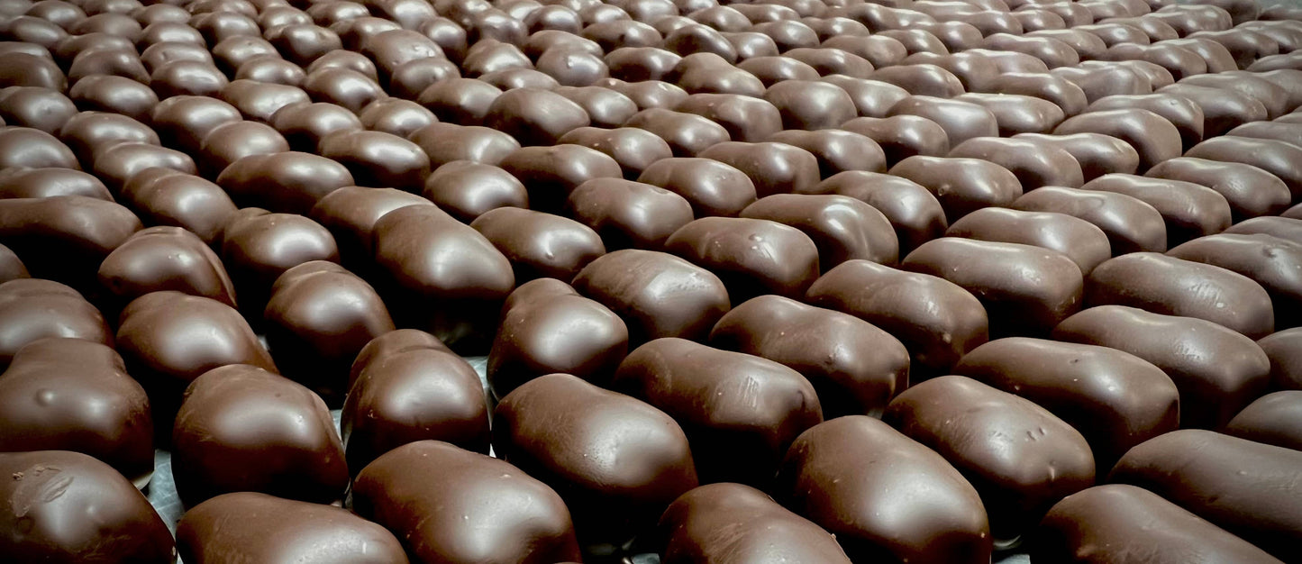 Snack Pack Gourmet O'Gummy Bears DARK Chocolate, oval-shaped, shiny, 1/4LB size, arranged in neat rows.