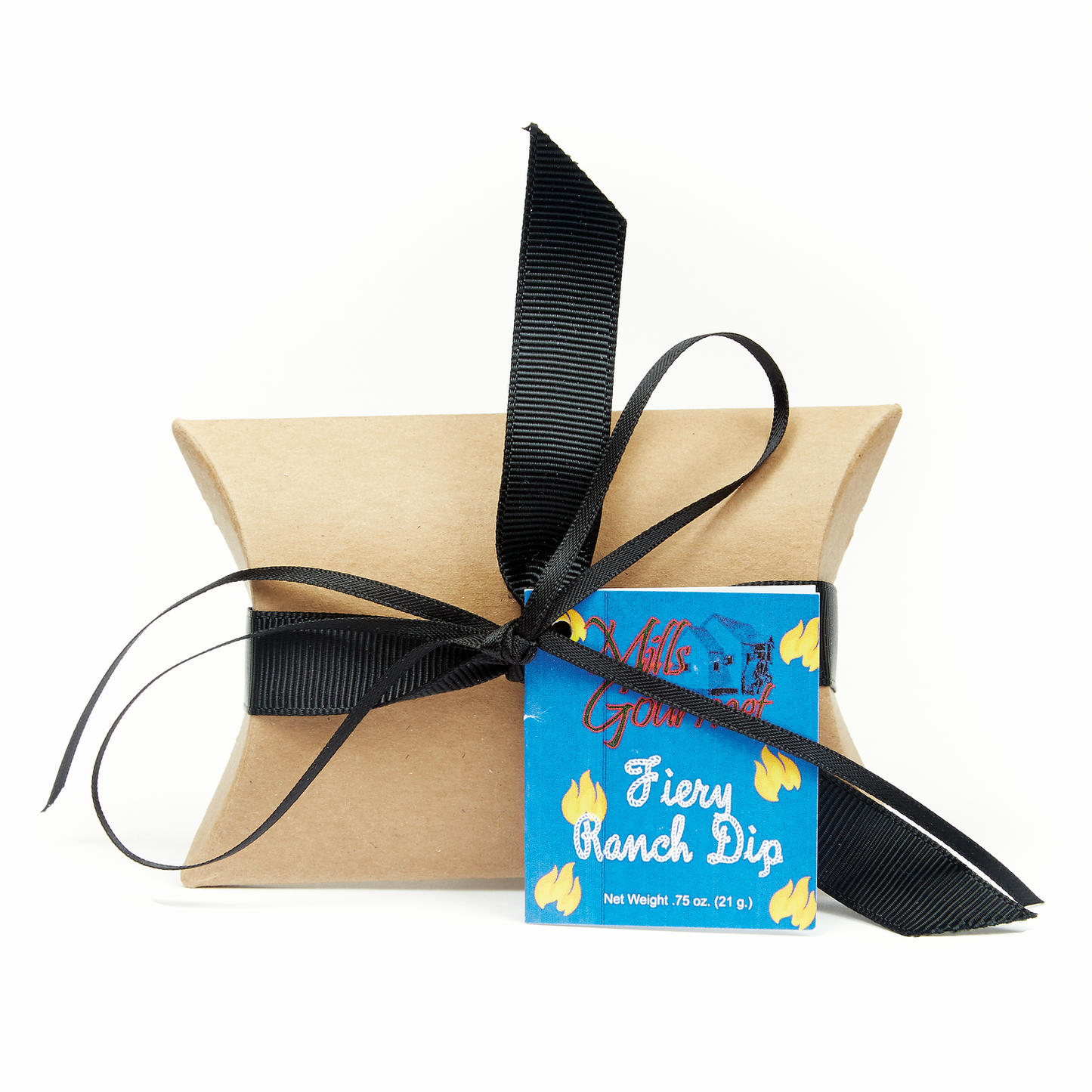 Small brown gift box with black ribbon, blue "Fiery Ranch Dip Mix" tag, MSG-free. Sizes available: small.