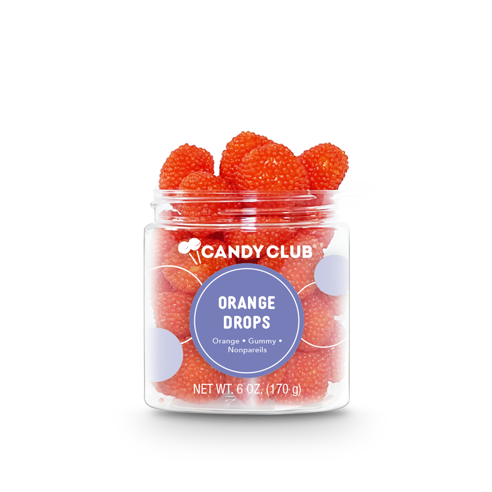 Clear plastic jar labeled "Orange Drops," 6 oz (170 g), bright orange sugar-coated citrus gummies, white lid.