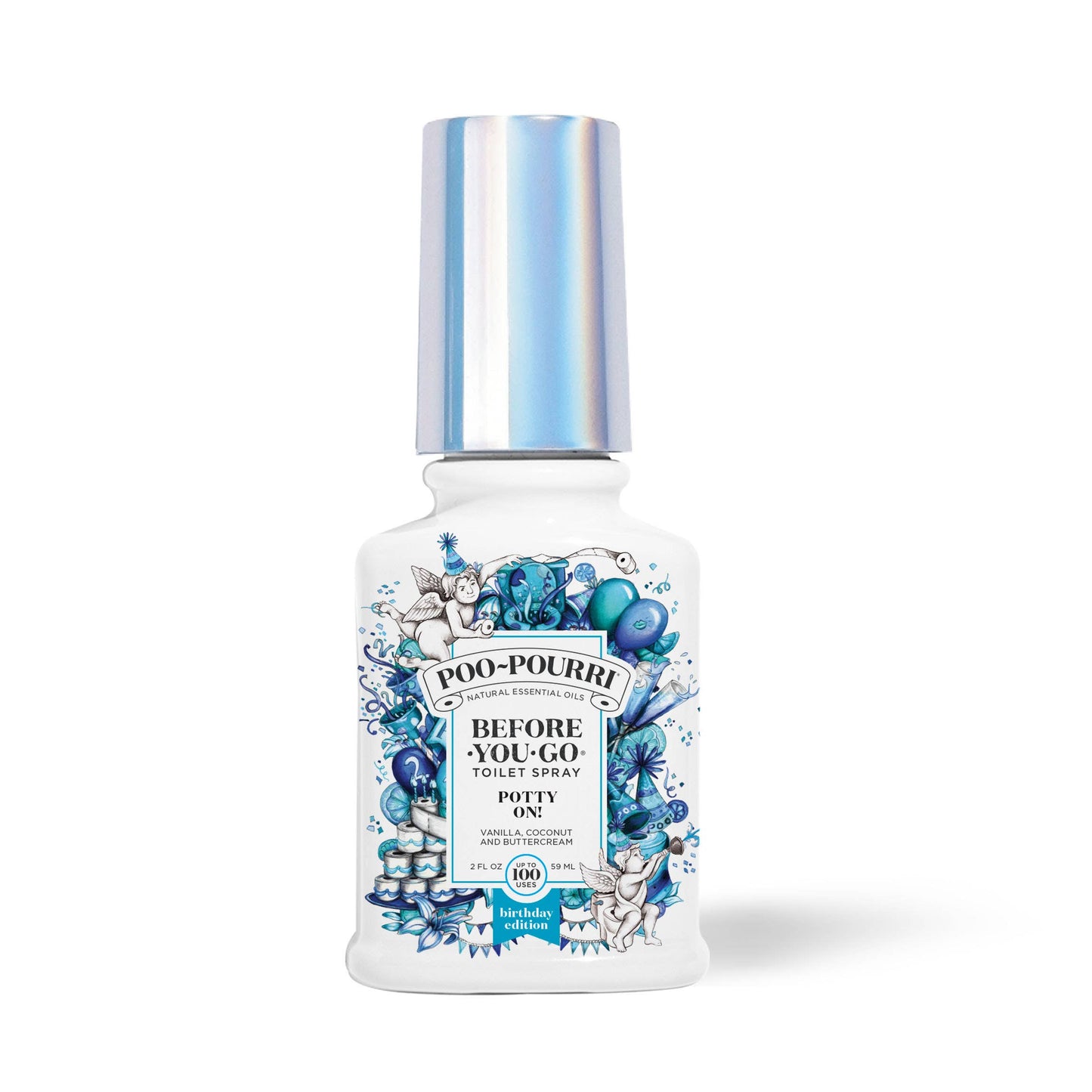 Poo~Pourri Potty On Birthday Cake 2oz spray in a white bottle with blue, silver graphics and a shiny silver cap.