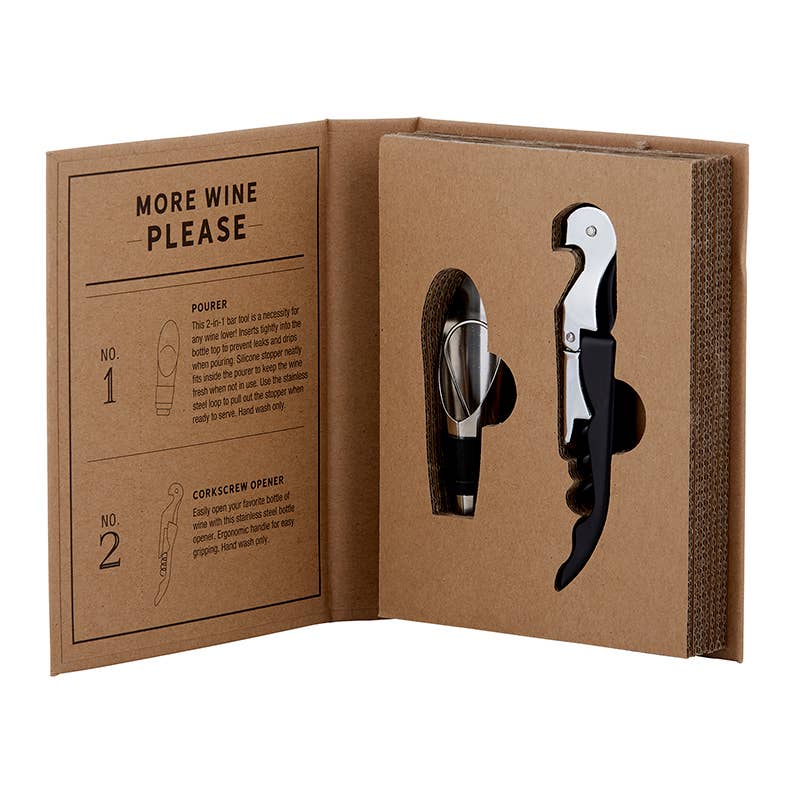 Cardboard Book Set - Wine includes ceramic pourer, corkscrew opener in slots, usage instructions inside. Sizes: not specified.