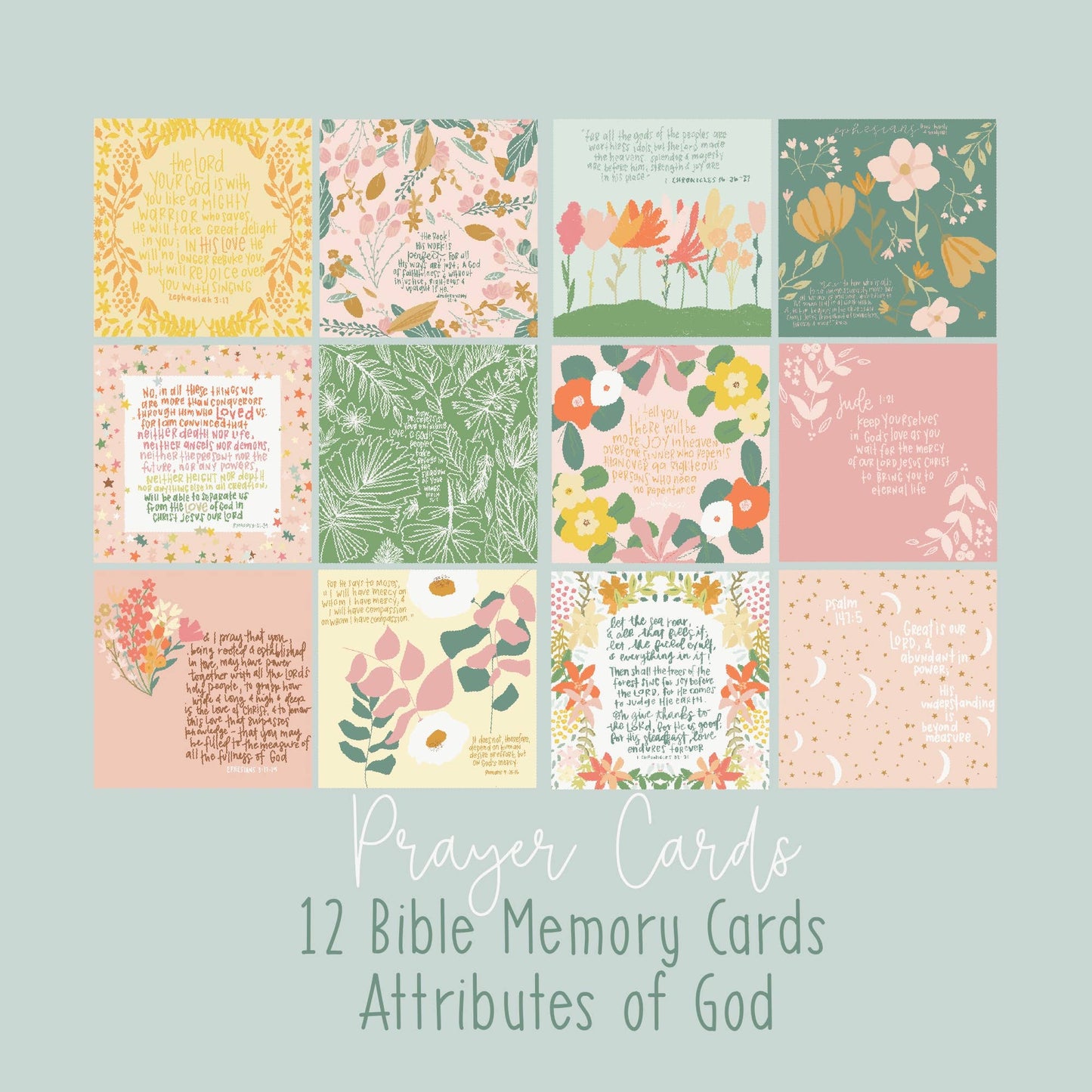 Set of 12 colorful, floral-themed scripture cards with hand-drawn designs and text, available in multiple sizes.
