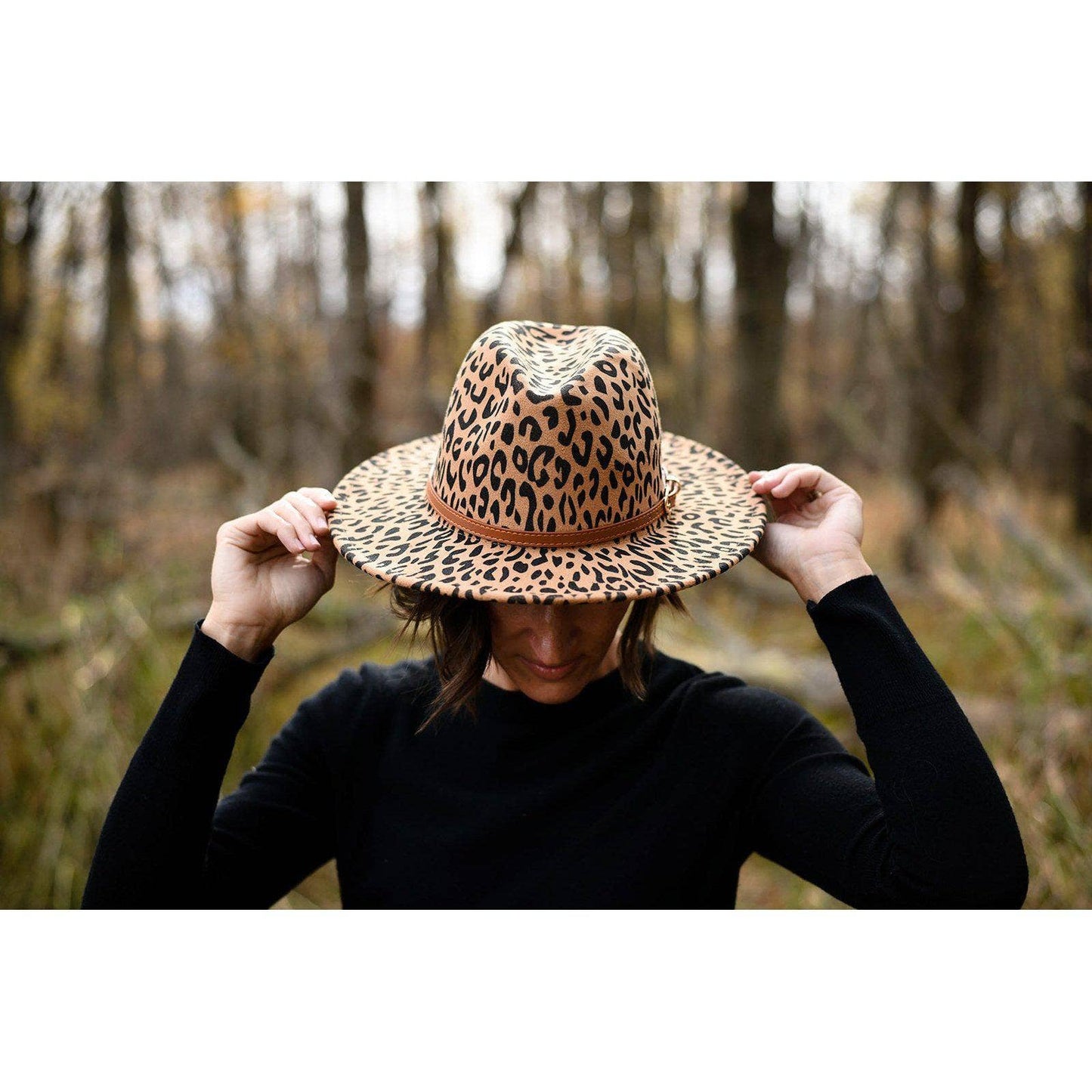 Wide Brim Fedora Hat with leopard print, available in S, M, L.