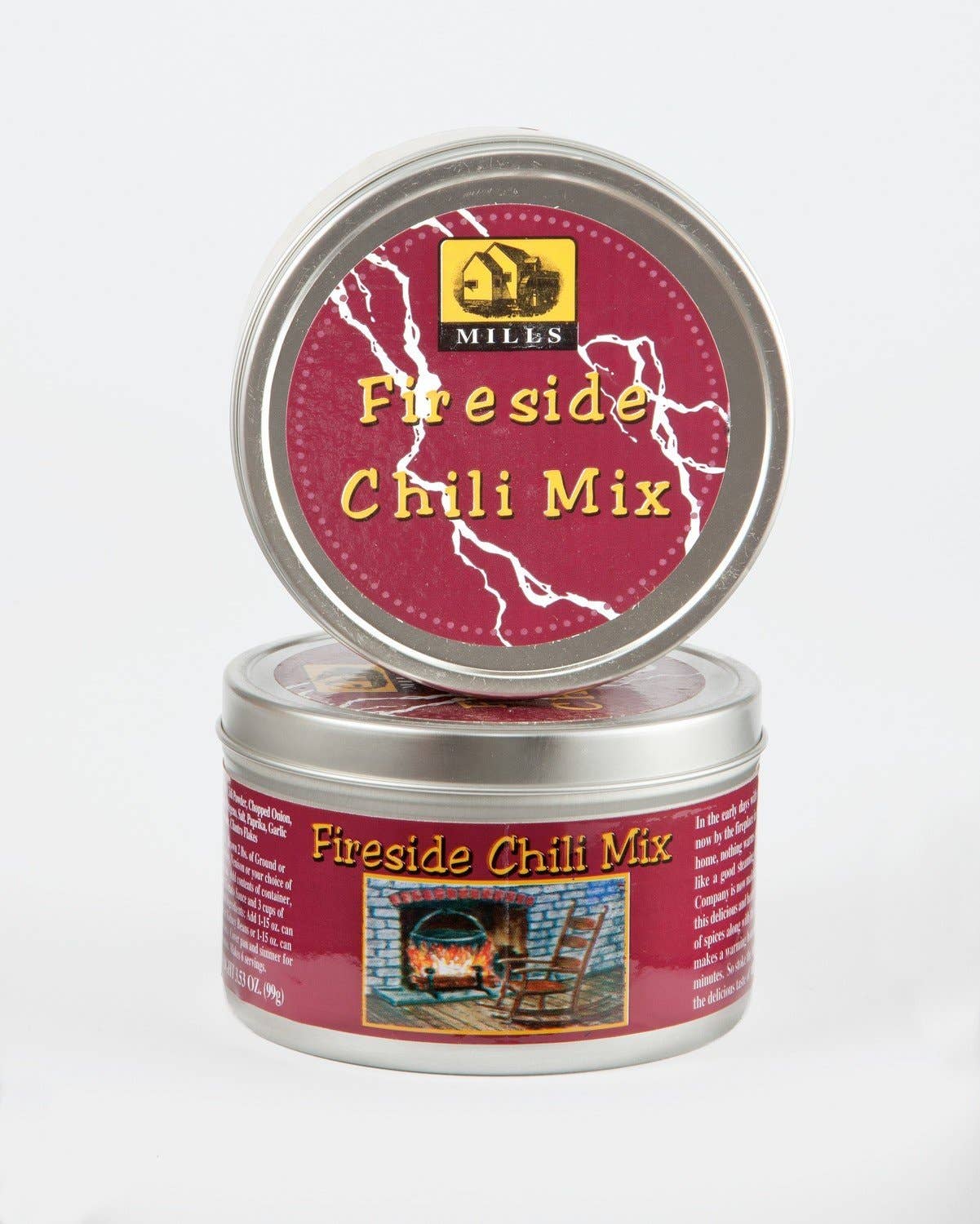 Fireside Chili Mix Case: two round tins with maroon lids, rustic house logo. Available in various sizes.