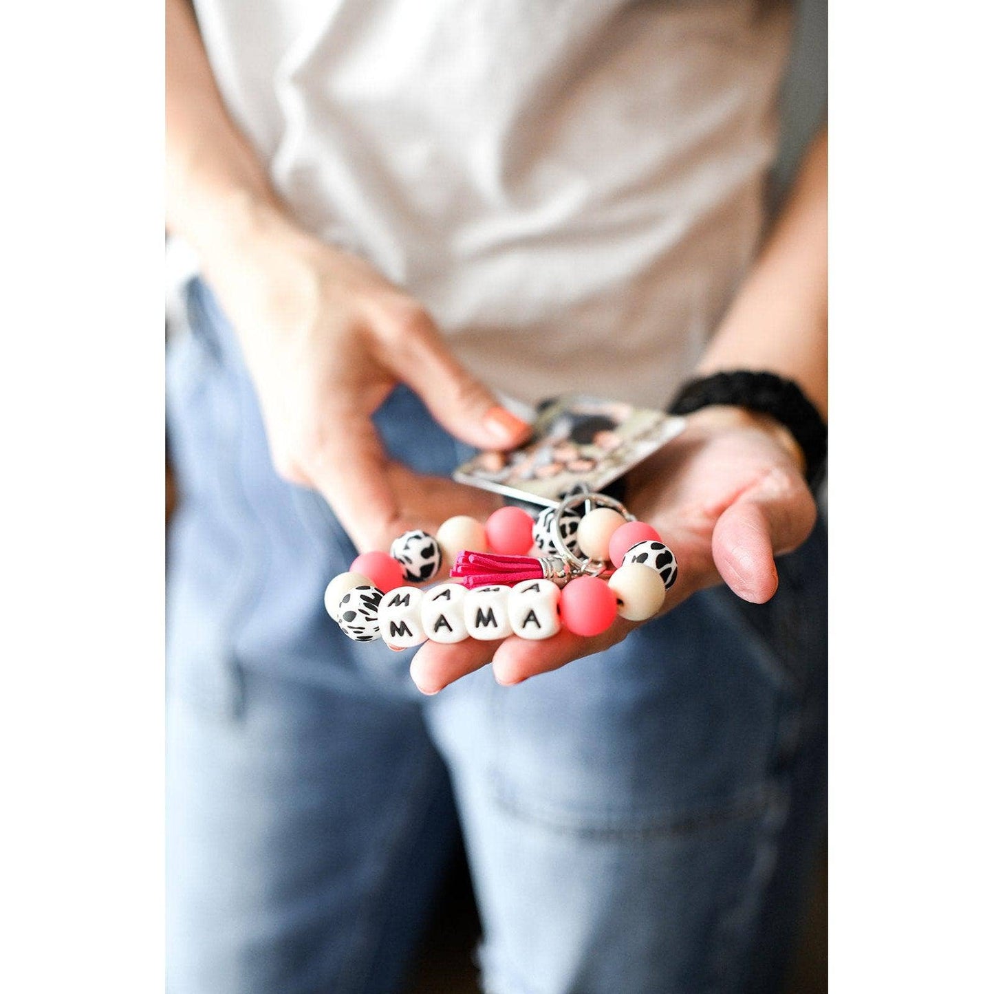 Suede Tassel MAMA Beaded Keychain with vibrant beads. Available sizes: Small, Medium, Large. Thoughtful gift for moms.