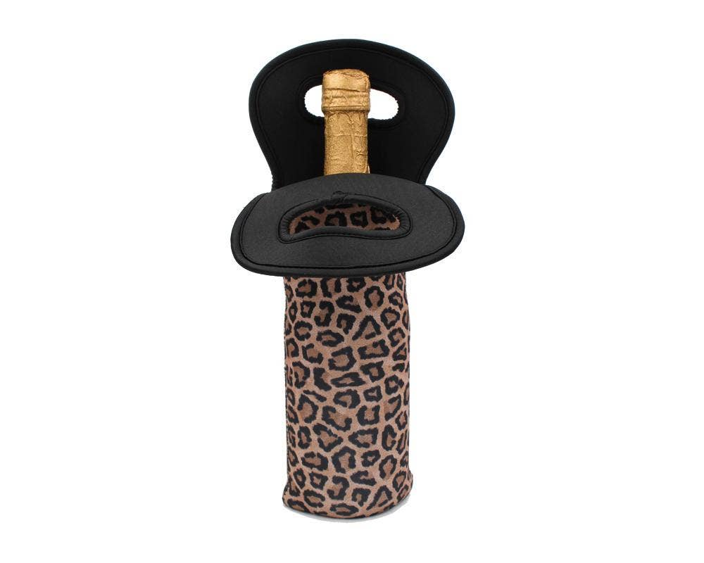 Leopard Wine Bottle Tote with brown and black print, black handles. Available in one size; fits standard wine bottles.