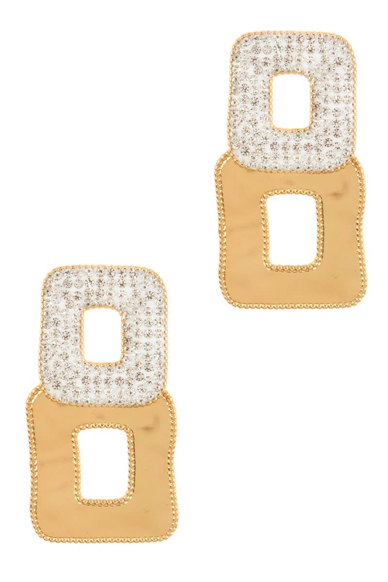 Gold-tone double square studs: one crystal-encrusted, one polished, both textured. Style JE10056. Sizes available.