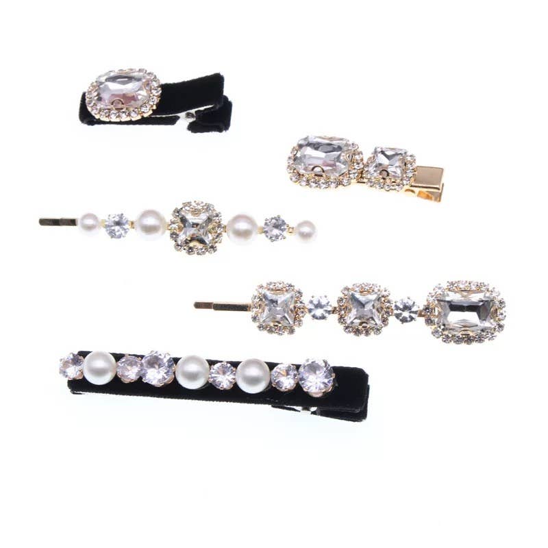 SS15 5-piece velvet hair clips with gold, crystal, pearl, rhinestone accents. Sizes: small/medium/large.