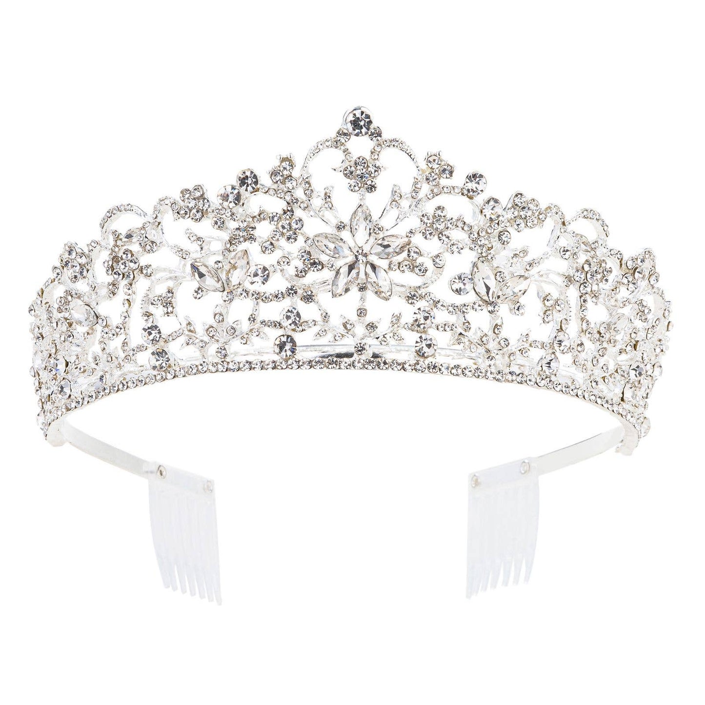 Silver-clear tiara with floral designs, clear rhinestones, side combs for secure fit. Sizes available: S, M, L.