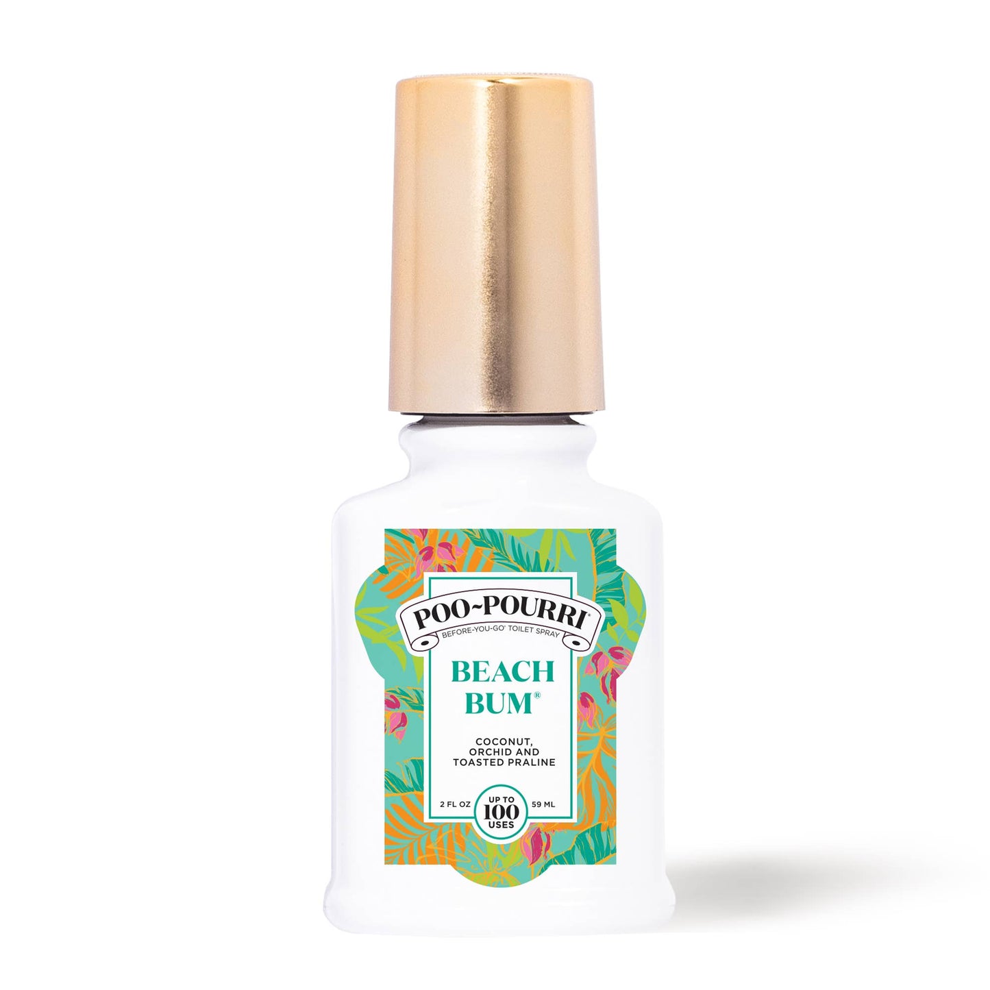 White 2oz Poo~Pourri Beach Bum toilet spray, gold cap, tropical label, coconut, orchid & praline scent; odor eliminator.