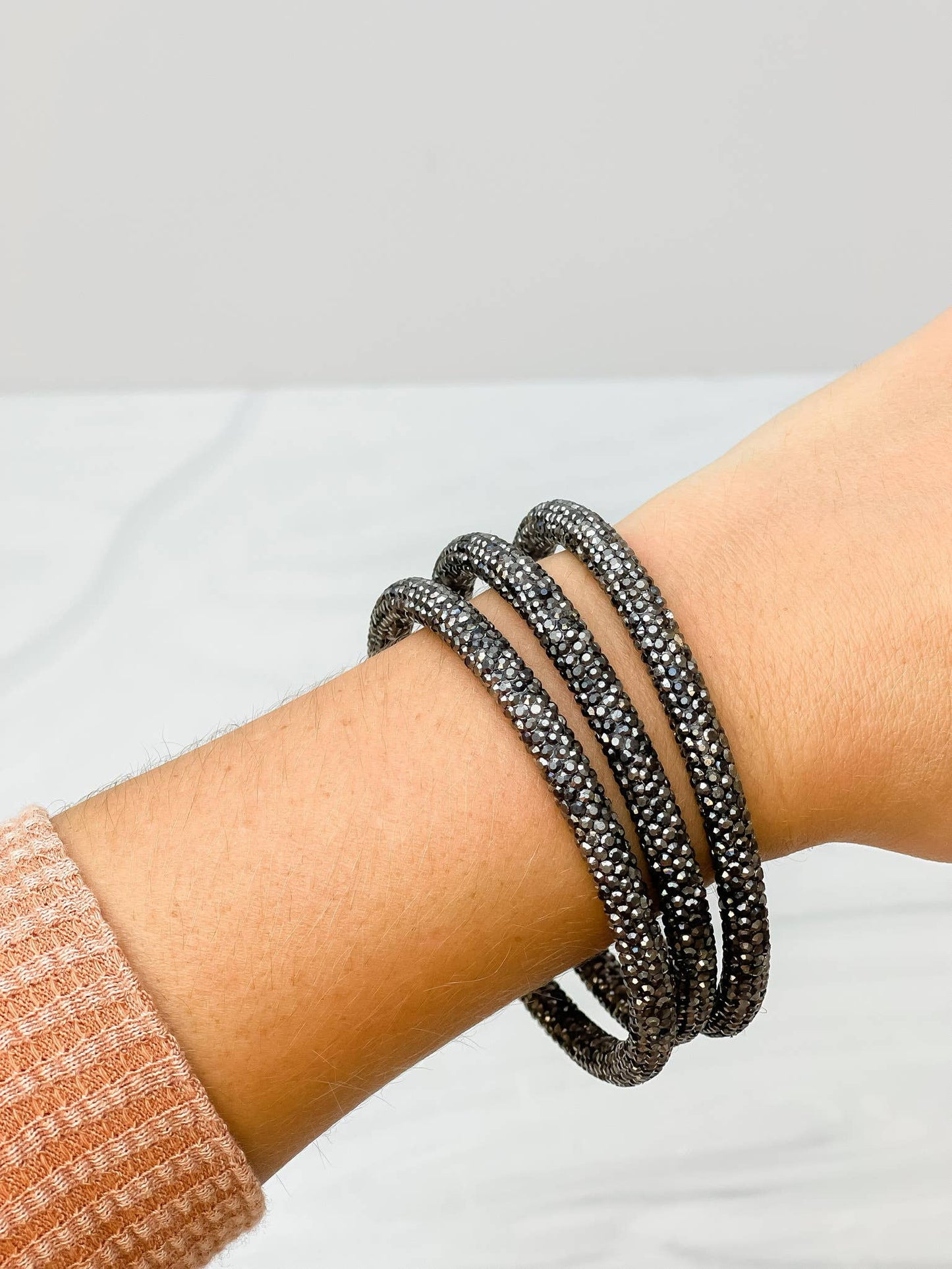Pave Rhinestone Bangle Set: triple-wrap sparkly black rhinestone bracelet. Available in small, medium, and large sizes.