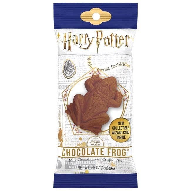 Harry Potter Chocolate Frog in white, blue, and gold packaging with magical designs. Sizes: standard; includes collectible card.