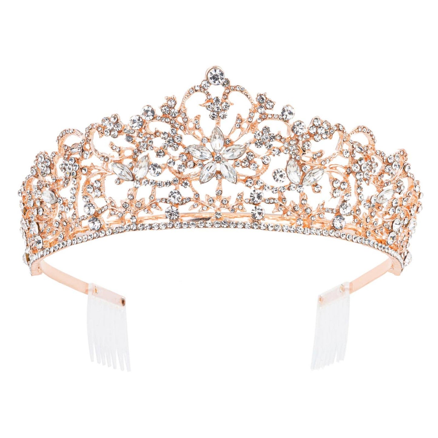 Rose gold rhinestone tiara with floral and leaf design, secure combs at ends. Available in small, medium, and large sizes.