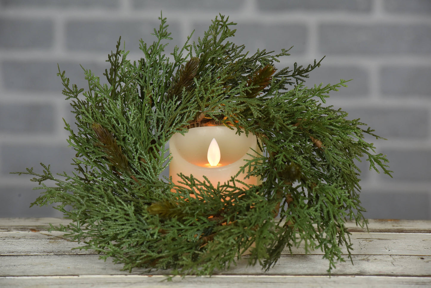 Rustic Cedar Candle Ring with green pine branches, 4.5in size. Available in additional sizes.