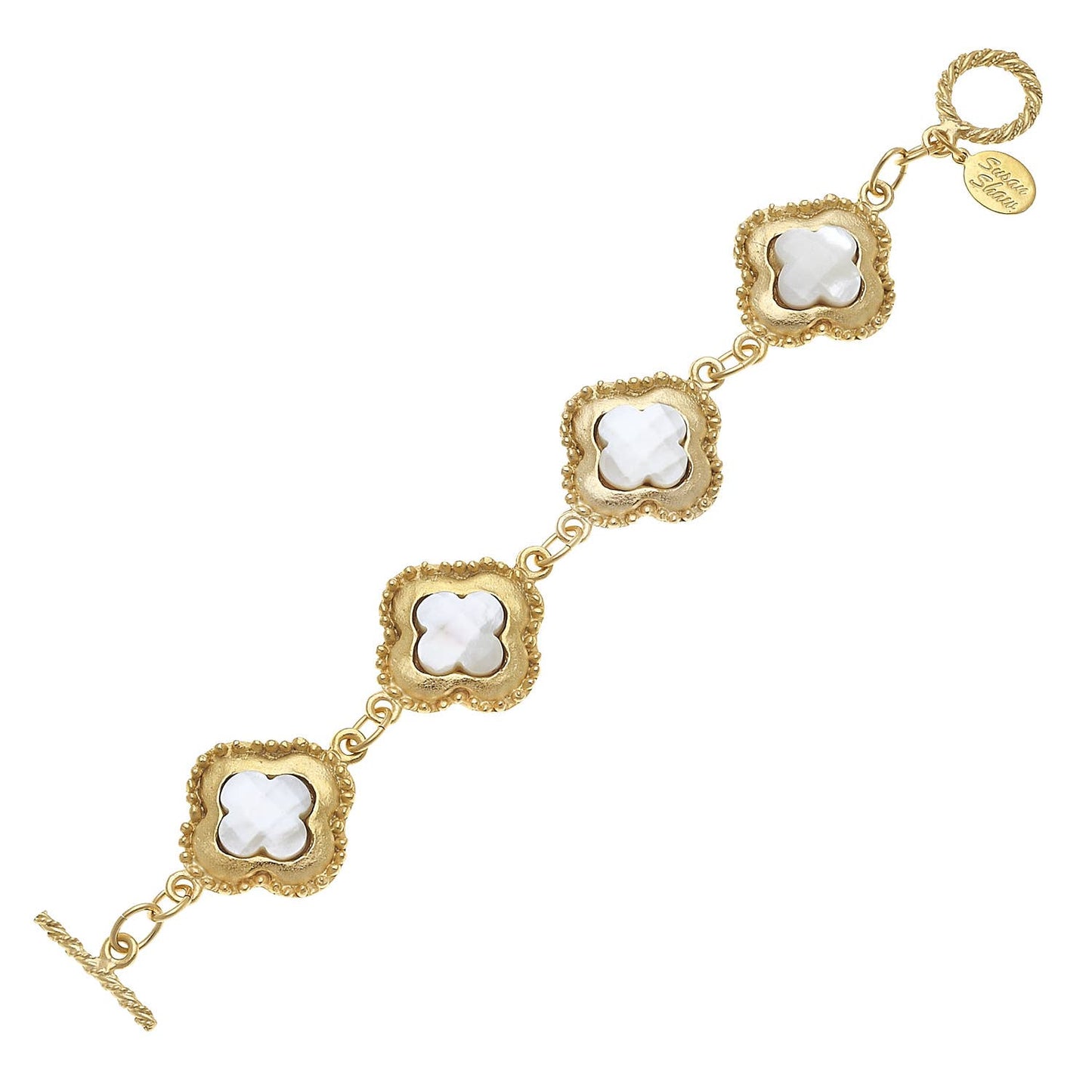8" gold bracelet with four clover-shaped white mother-of-pearl inlays, ornate links, toggle closure, and round charm.