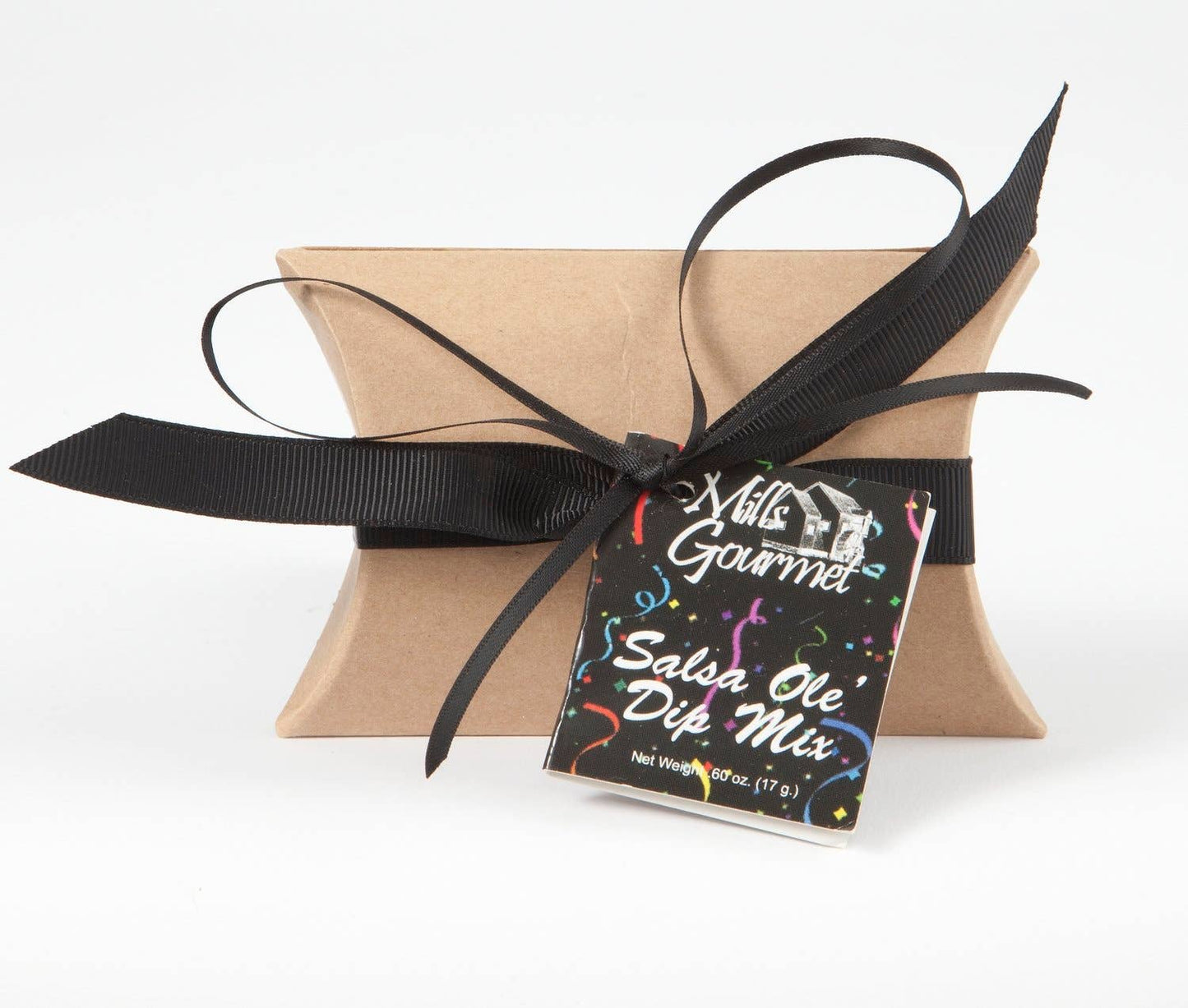 Salsa Ole' Dip Mix in a small brown gift box with black ribbon and bright label. Available in 2 oz and 4 oz sizes.