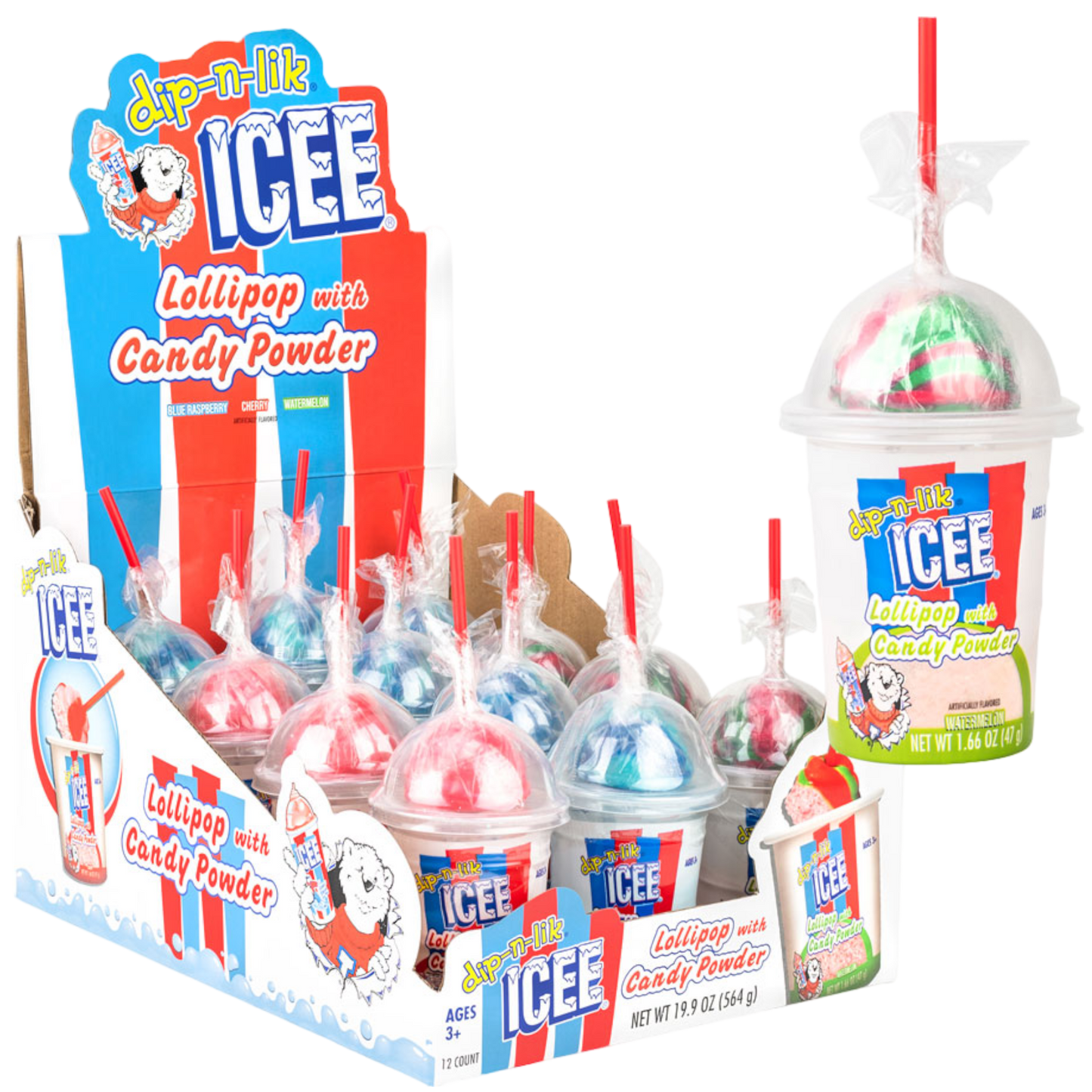 Icee Dip-N-Lik: red lollipops with blue/red candy powder in plastic cups, available in display box. Sizes not specified.
