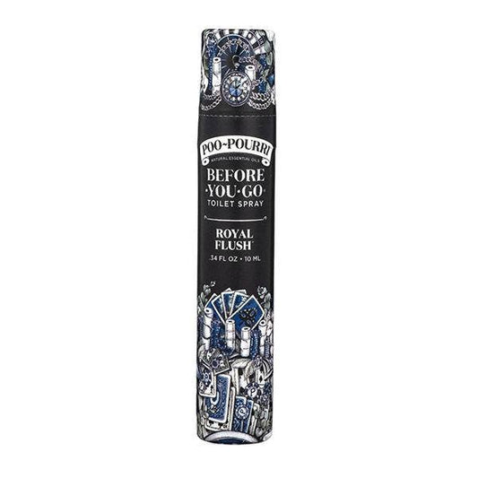 This product is a 10mL travel size Poo~Pourri Royal Flush "before-you-go" toilet spray. The bottle features a "royal flush" label with ornate, blue and white graphic designs.
