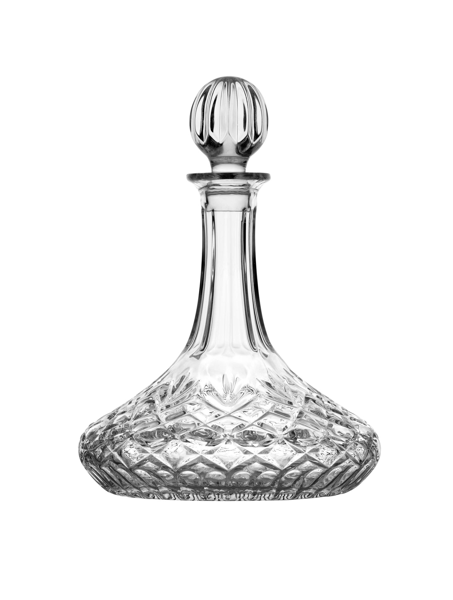 Clear, non-leaded crystal decanter with ribbed round stopper, wide patterned base. Available in 32oz size. Gift box included.