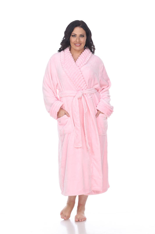 Super Soft Plus Size Pink Lounge Robe - a plush, comfy robe in a bubbly pink hue. Features include a shawl collar and tie belt for adjustable fitting. Available sizes: 2XL/3XL.