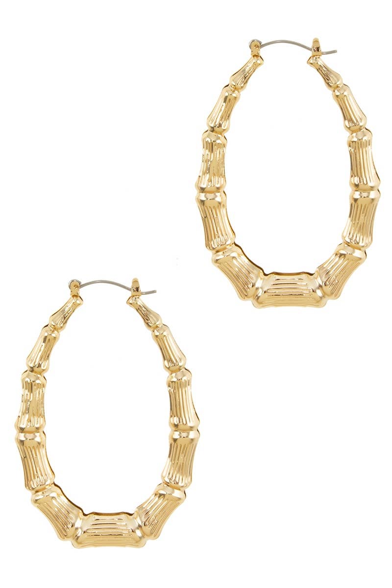 Gold Bamboo Style Oval Hoop Earrings, segmented design, style SE9795. Available sizes: small, medium, large.