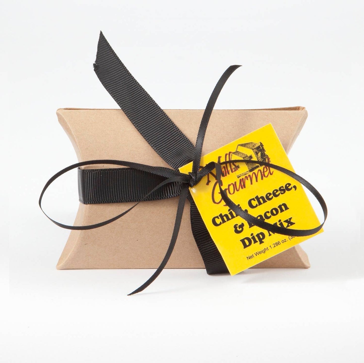 Small kraft paper gift box with black ribbon and yellow "Chili Cheese & Bacon Dip Mix Case" tag. Sizes: small only.