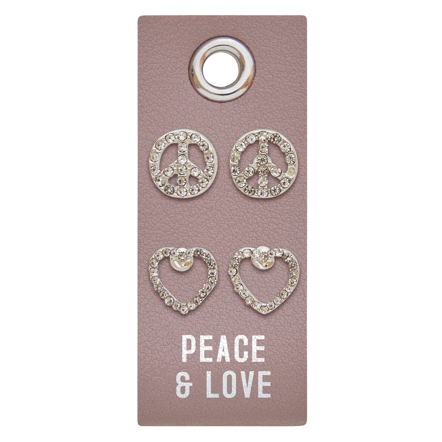 Four silver earrings: two peace sign studs, two heart-shaped studs. Sizes available: small and medium.