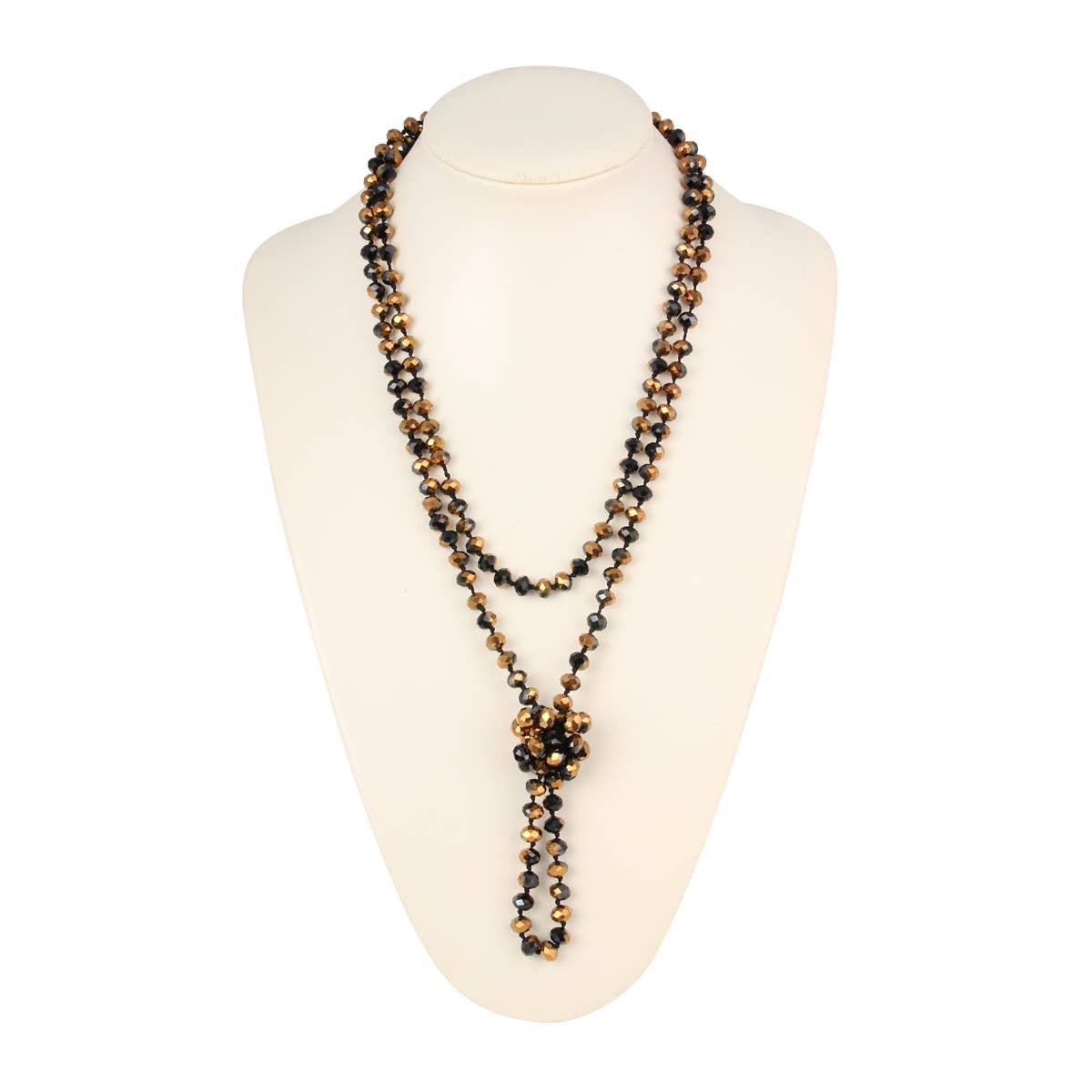 The HDN2209 necklace features 8mm black and gold glass beads, double layers, center knot. Available in multiple sizes.