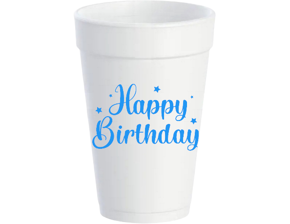 16oz white Styrofoam cups with “Happy Birthday” in blue cursive and small blue stars. Available in 16oz size.